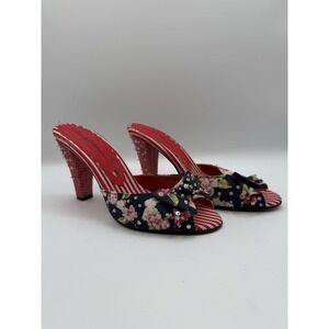 Beverly Feldman Red Stripe Floral Bow Heels with Sequins Size 7M